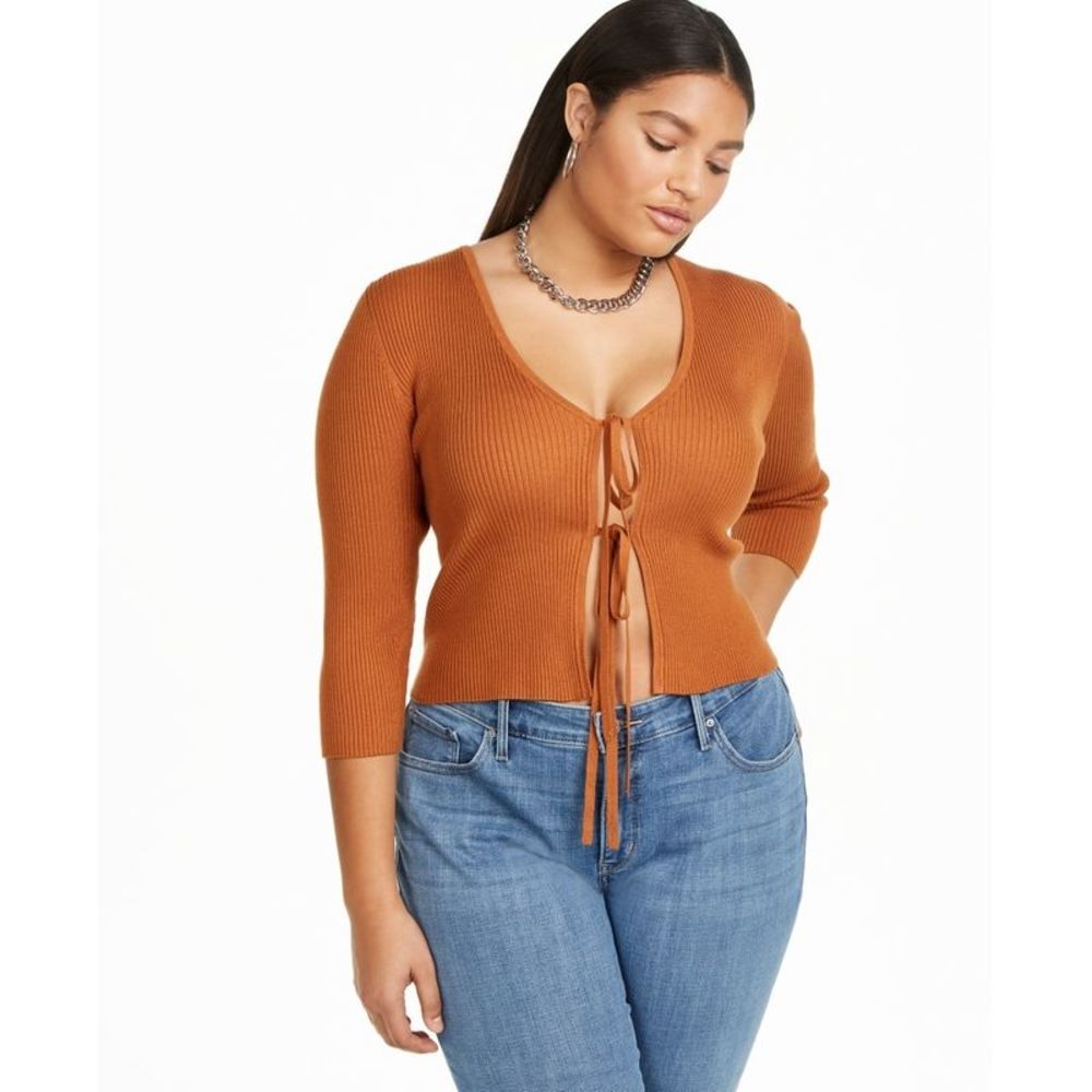 Danielle Bernstein Women's Plus Tie Front Cardigan  Orange Size 1X